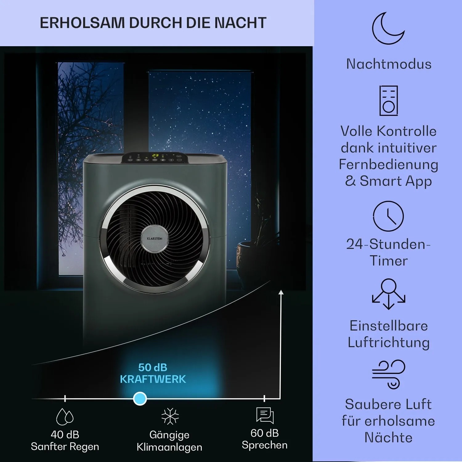 Klarstein Kraftwerk Smart 12K Klimaanlage in Anthrazit vor Fenster mit Sternenhimmel. Leiser Nachtmodus.