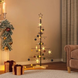 Schwarzer vidaXL Metall Weihnachtsbaum (120 cm) mit Holzständer, geschmückt mit Kugeln und Lichtern.