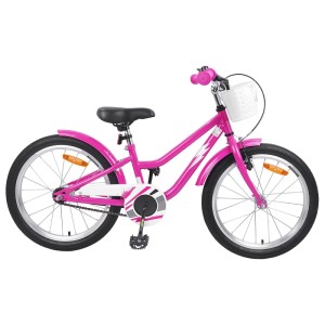Dunkelrosa Kinderfahrrad, 18 Zoll, mit Korb, geeignet für Kinder von 5-7 Jahren.