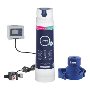 Grohe Blue Starter-Set: Wasserfilter mit Magnesium- und Zink-Filter, Durchflussmesser und Anschlussstück.