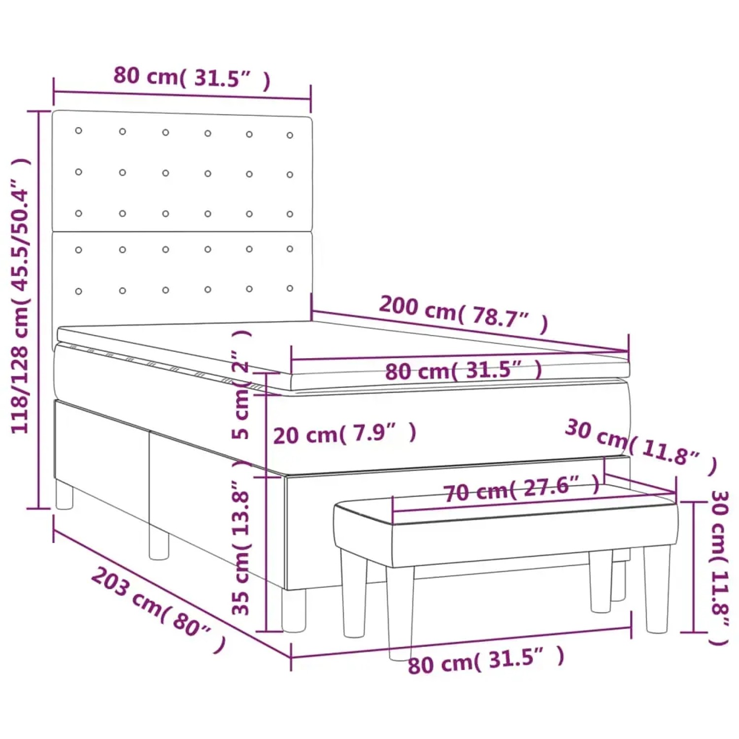 Cremefarbenes Boxspringbett 80x200 cm mit Matratze und Bank.