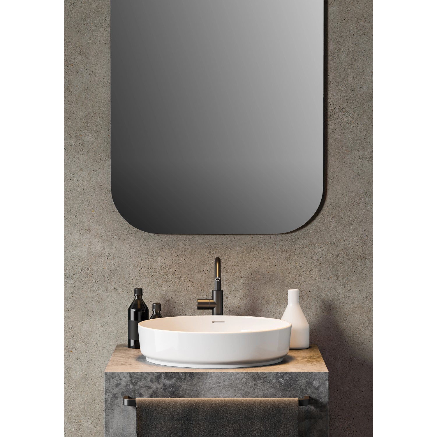 Bad mit Grosfillex Wandpaneel Element 3D Optik Grigo Matt, Waschbecken und Spiegel.