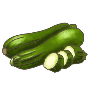 Illustration von zwei grünen Zucchini, eine davon angeschnitten. Kategorie: Fruchtgemüse.