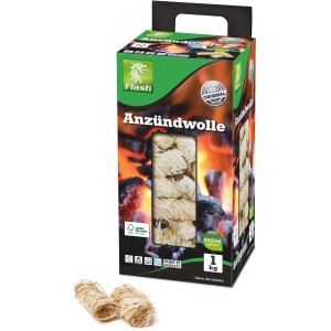 Flash Anzündwolle 1 kg im Karton mit Sichtfenster. Naturprodukt für Grill, Ofen und Kamin.