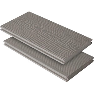 Graue Kovalex WPC Terrassendielen mit Holzstruktur, Zuschnitt 100 cm.