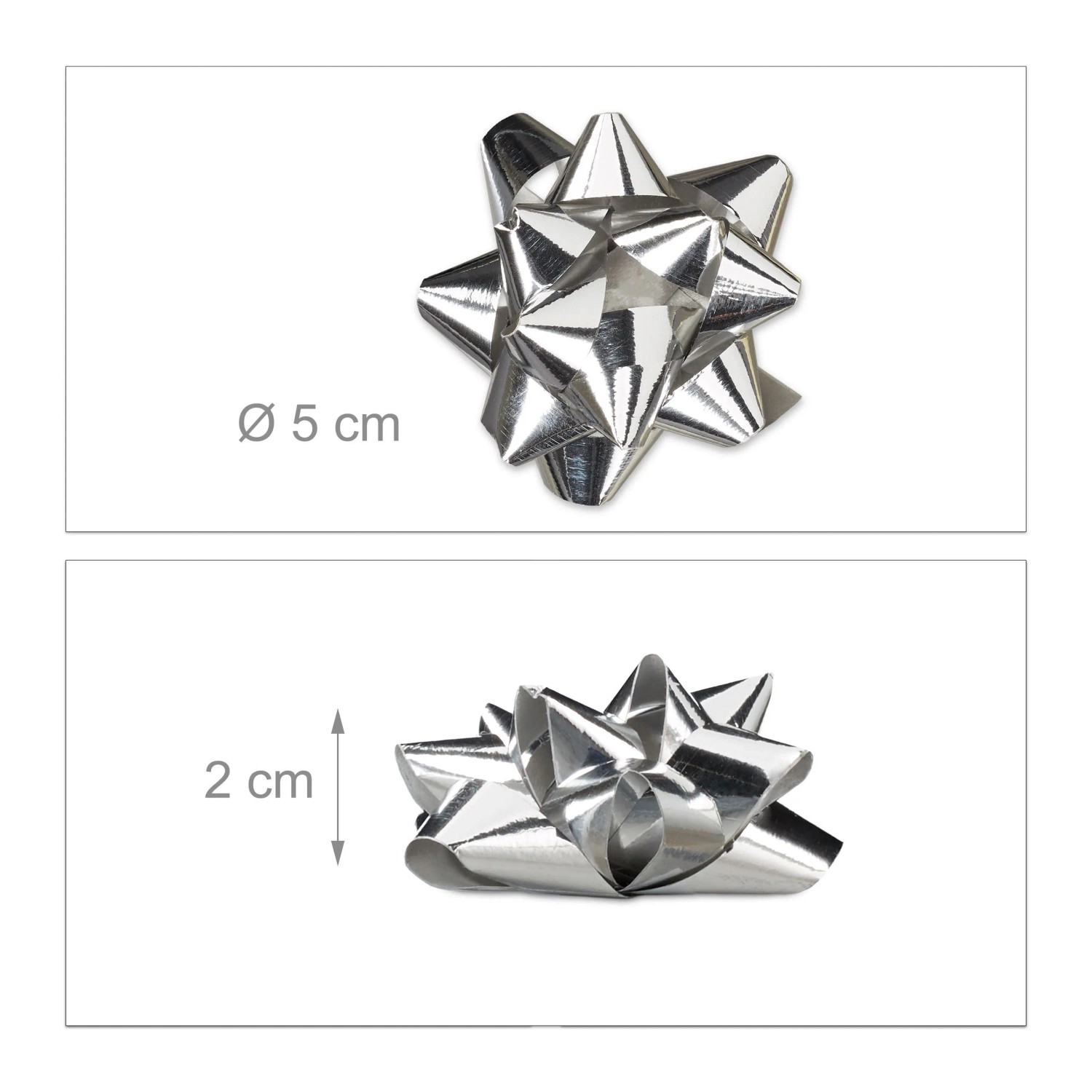 Glänzende, silberne Zierschleife, selbstklebend, 5 cm Durchmesser, für Geschenke & Weihnachtsdeko.