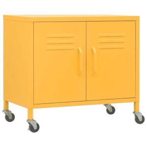 Senfgelber vidaXL Lagerschrank aus Stahl, rollbar, mit zwei Türen und Lüftungsschlitzen.