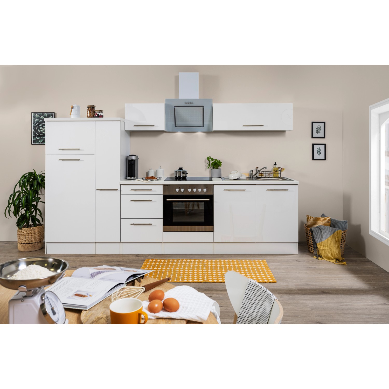 Respekta Premium Küchenzeile 300 cm in Weiß Hochglanz mit E-Geräten und viel Stauraum.