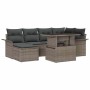 Graues 7-teiliges vidaXL Garten-Sofa-Set aus Poly Rattan mit Tisch und Kissen.