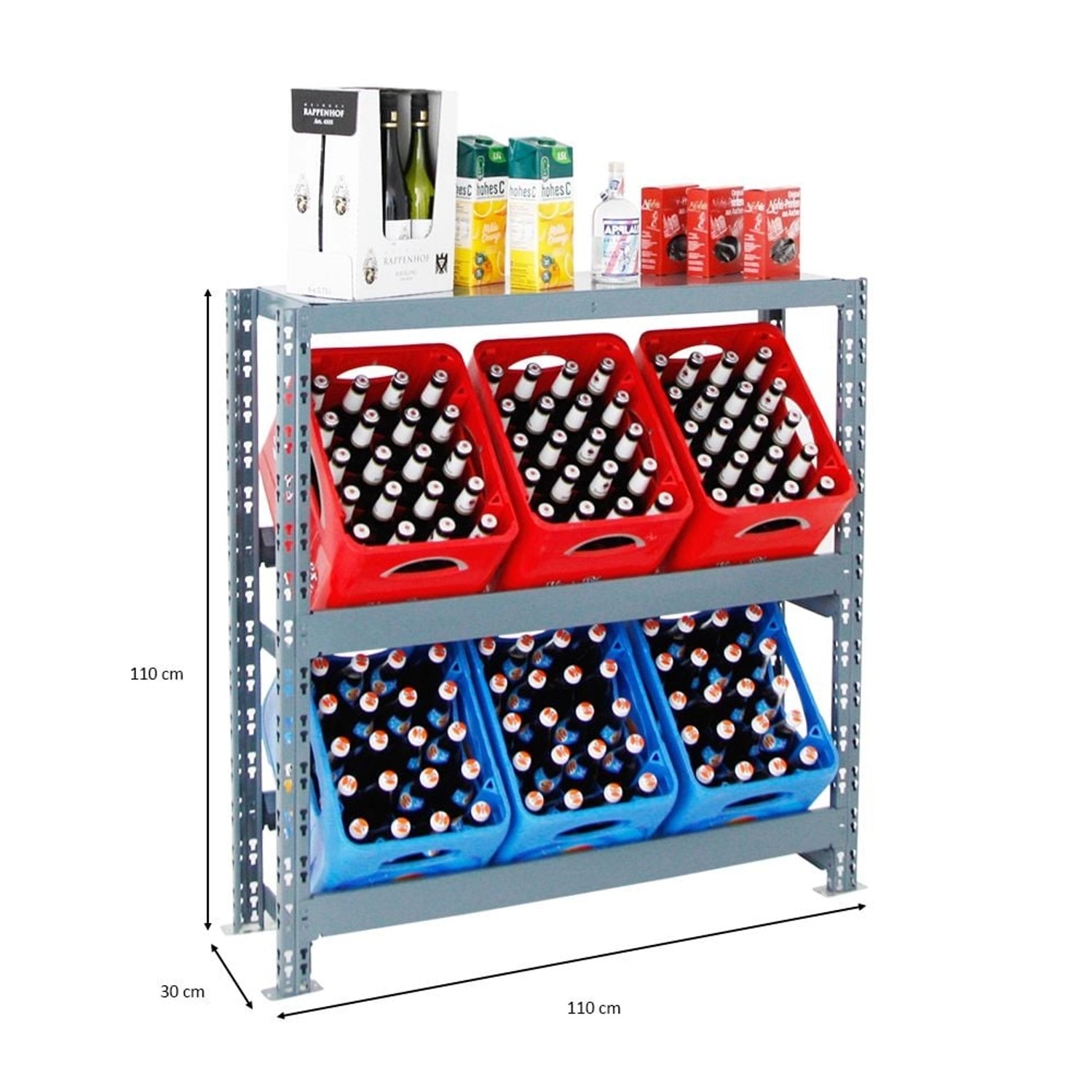 Graues PROREGAL Getränkekistenregal Tegernsee XL mit roten und blauen Kisten.