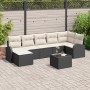 Schwarzes 8-tlg. vidaXL Garten-Sofa-Set aus Poly Rattan mit Tisch und beigen Kissen.