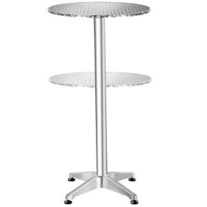 Silberner Tectake Aluminium Bistrotisch mit runder, strukturierter Platte und zweiter Ablage, wetterfest, höhenverstellbar.