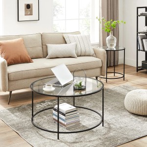 Vasagle Couchtisch Glas, Ø 84cm, schwarz. Runder Tisch mit Glasplatte und schwarzem Stahlgestell.