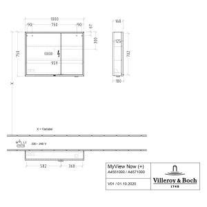 Technische Zeichnung: Villeroy & Boch My View Now Spiegelschrank, 100cm, Maße und Details.