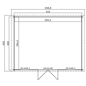 Grundriss des Lasita Gartenhaus Wels 5 (510x400cm) in Grau-Grün. Abmessungen und Türposition dargestellt.
