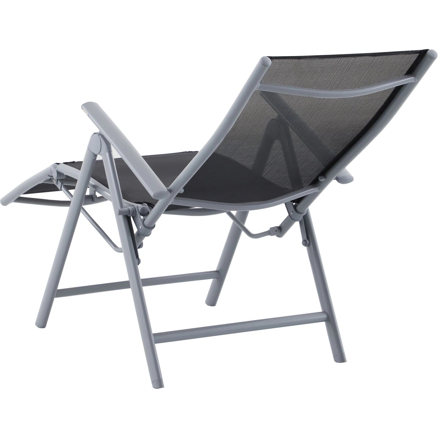 Grauer Garden Pleasure Relaxsessel Ariola, klappbar, mit schwarzer Sitzfläche. Gartenstuhl für Terrasse und Balkon.
