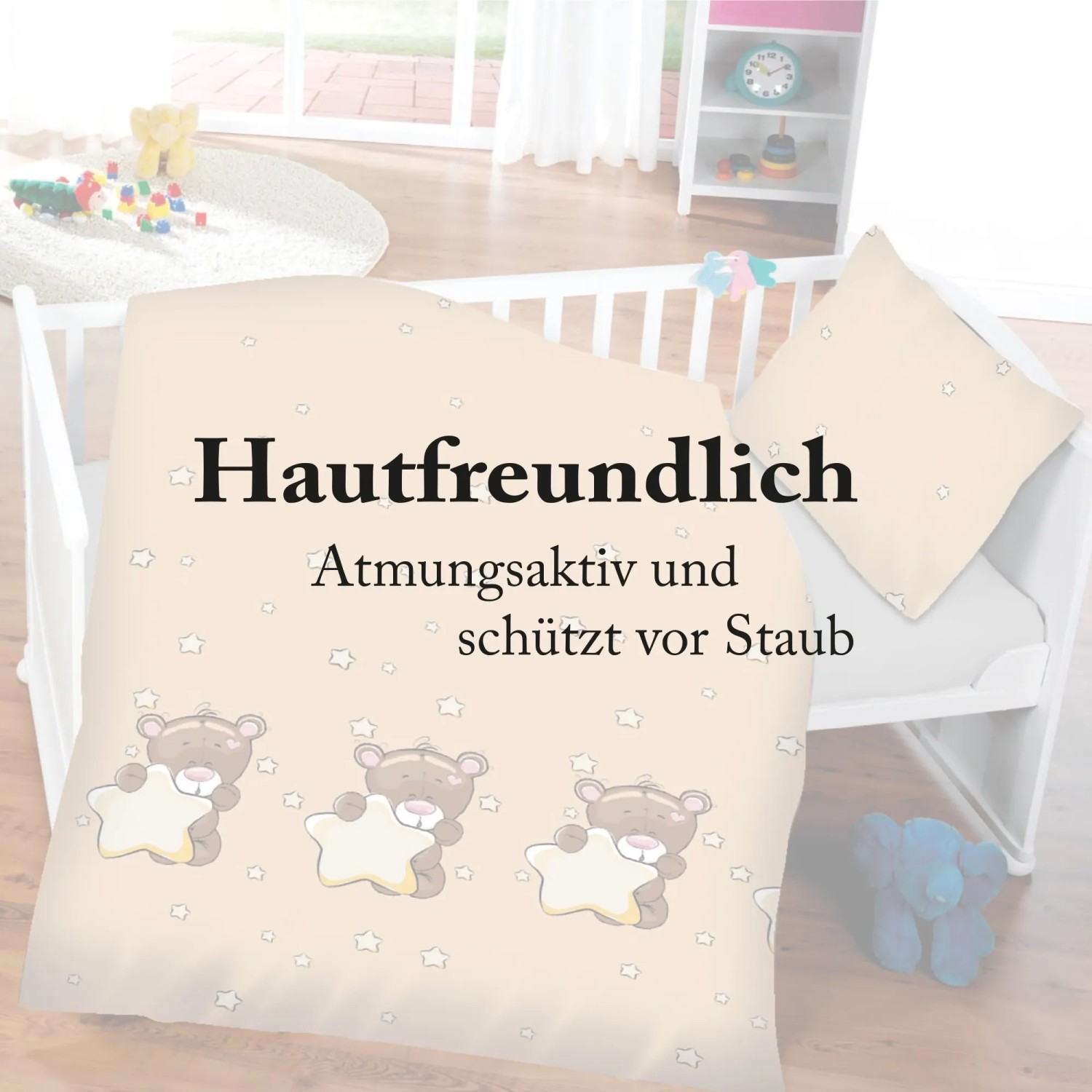 Bestlivings Kinderbettwäsche mit Bär und Sternen, 100x135 cm & 40x60 cm, beige.