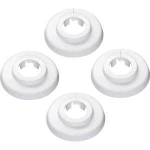 4 weiße Scharnierrosetten (3/8) aus Kunststoff für Heizungsrohre.