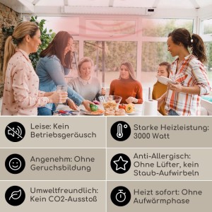 Blumfeldt Infrarot-Heizstrahler Cosmic Beam Smart 30 in Weiß mit Personen im Wintergarten.
