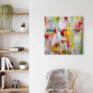 Buntes, abstraktes Leinwandbild als moderne Wanddekoration für Wohnzimmer und Büro.