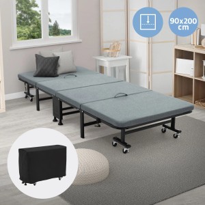 Ausgeklapptes ECD Germany Gästebett 90x200 mit Matratze und schwarzer Schutzhülle.