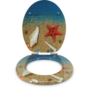 Sanfino WC-Sitz Red Star: Toilettendeckel mit Absenkautomatik, Holz, blaues Strandmotiv mit Seestern.