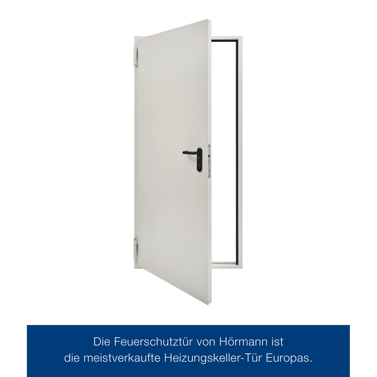 Geöffnete, grauweiße Hörmann Feuerschutztür T 30-H8-5 (100x200x4,5 cm) mit schwarzem Griff.