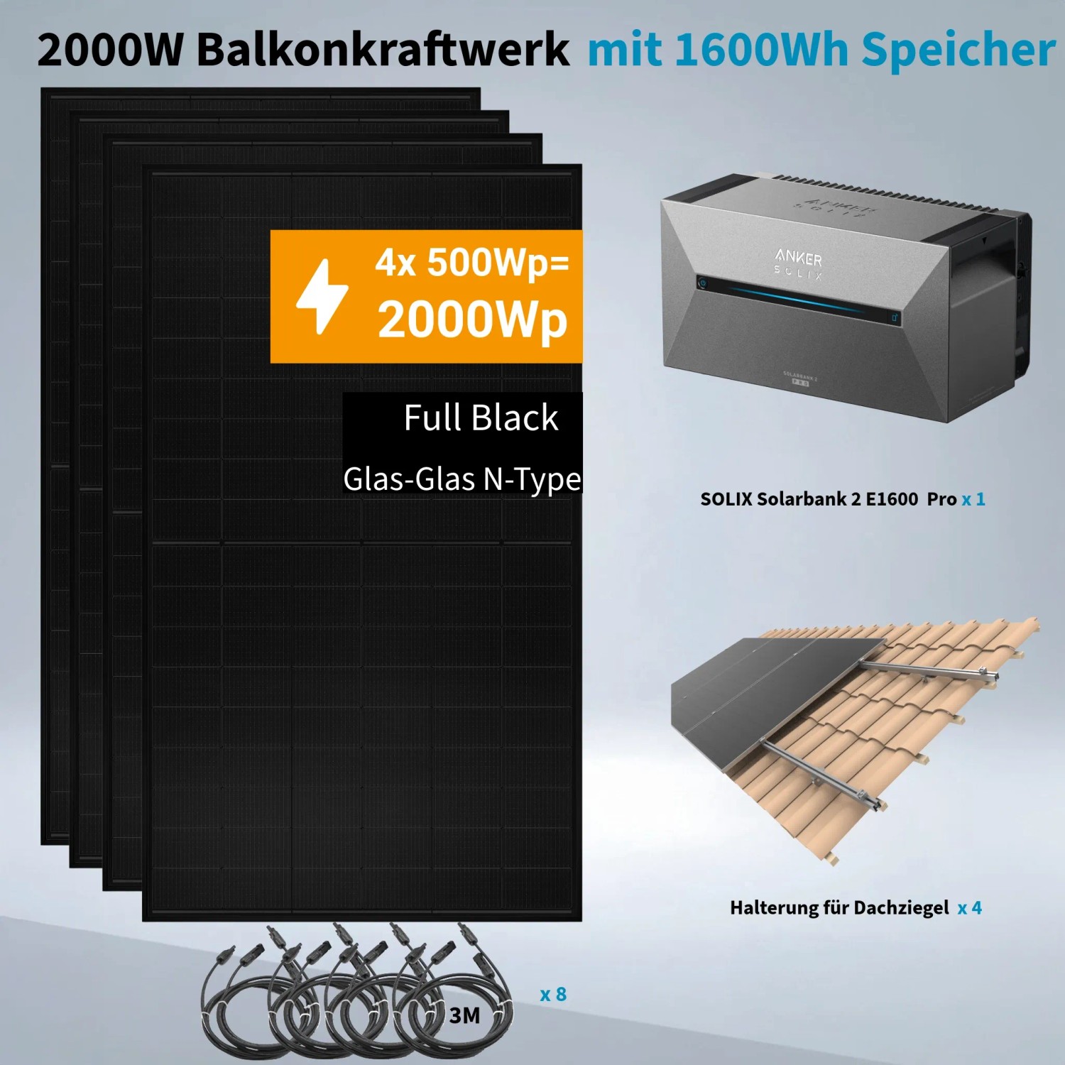Komplettes Anker SOLIX 2000W Balkonkraftwerk mit 4 schwarzen Glas-Glas Solarmodulen, Solarbank und Dachziegel-Halterung.