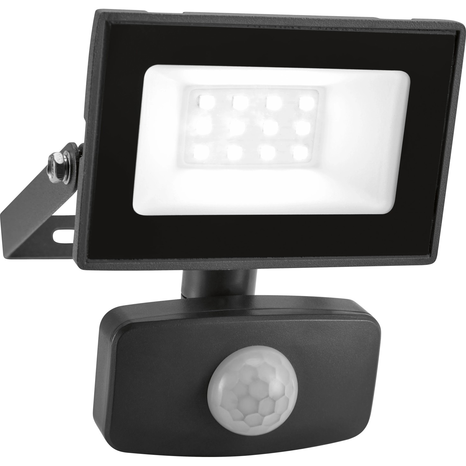 Grauer LED Strahler 10W mit Sensor für den Außenbereich.