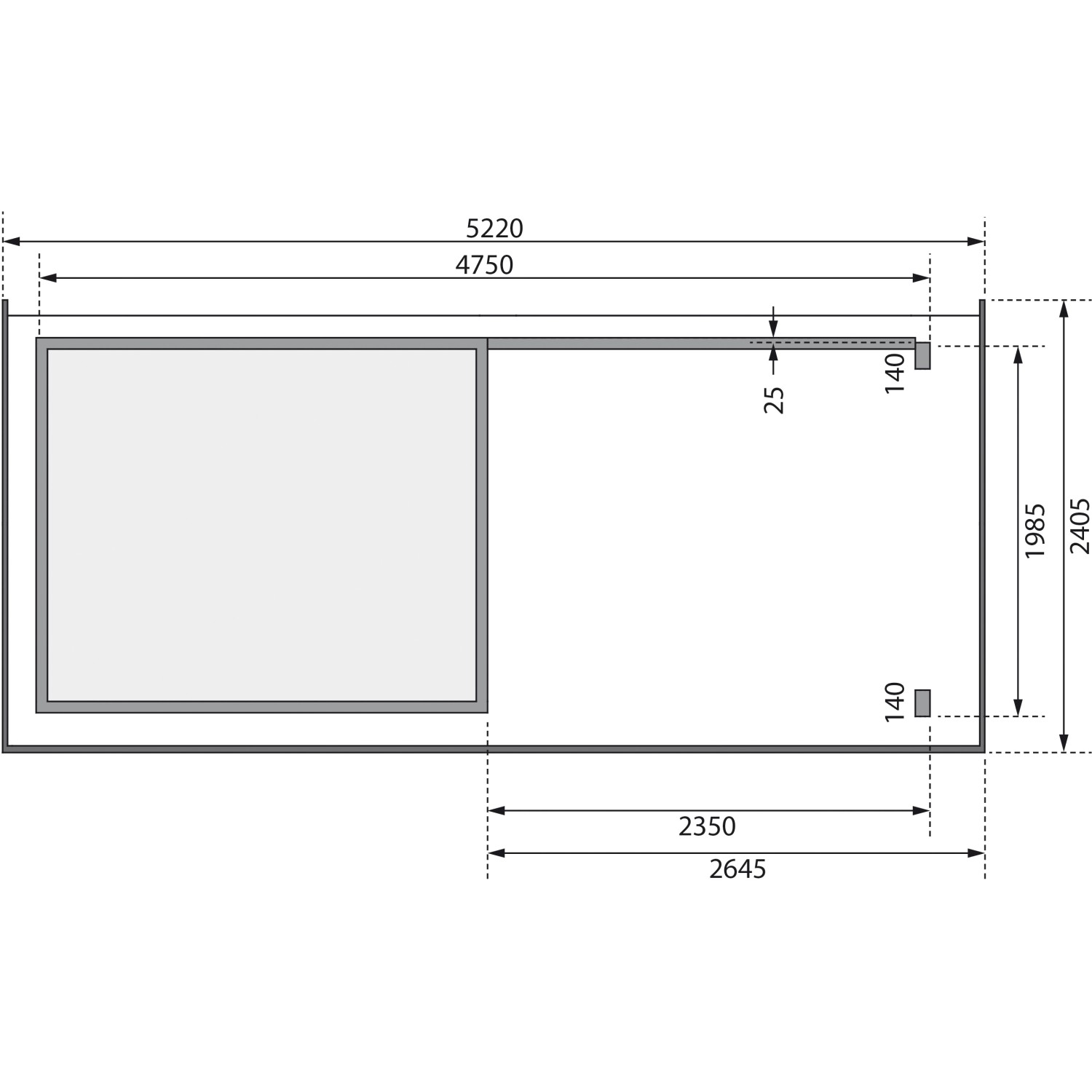 Grundriss Karibu Holz-Gartenhaus Kumla 2, terragrau, mit Pultdach und Maßangaben.