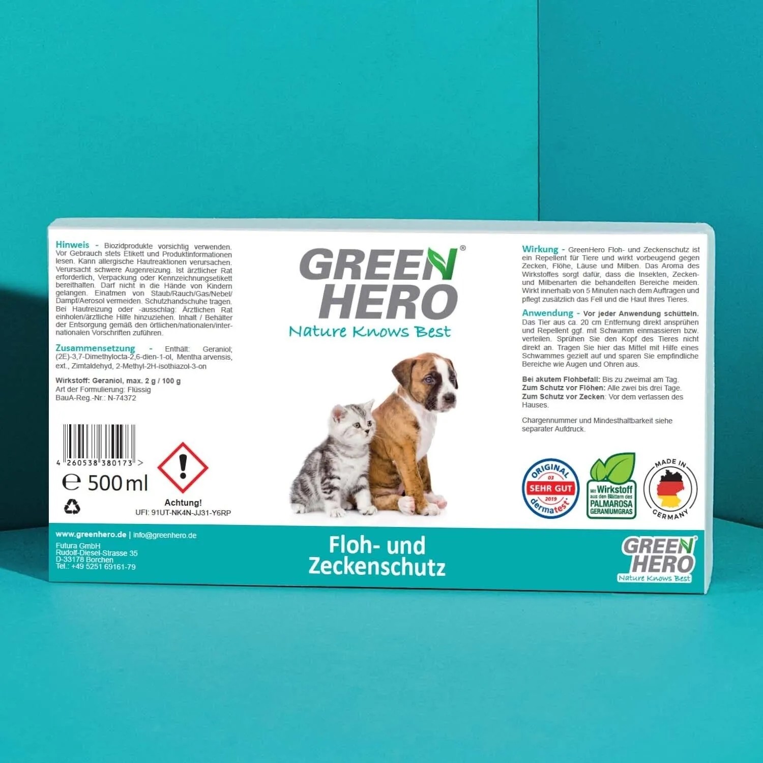 GreenHero Floh- und Zeckenspray für Hunde und Katzen, 500ml Flasche.
