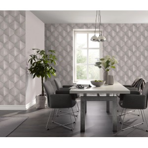 Wohnraum mit Guido Maria Kretschmer Vliestapete Prisma in Taupe mit 3D-Effekt.