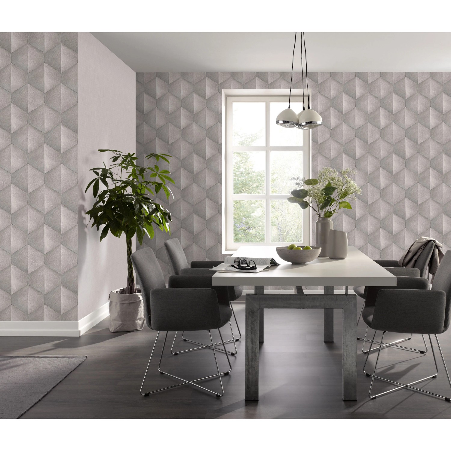 Wohnraum mit Guido Maria Kretschmer Vliestapete Prisma in Taupe mit 3D-Effekt.