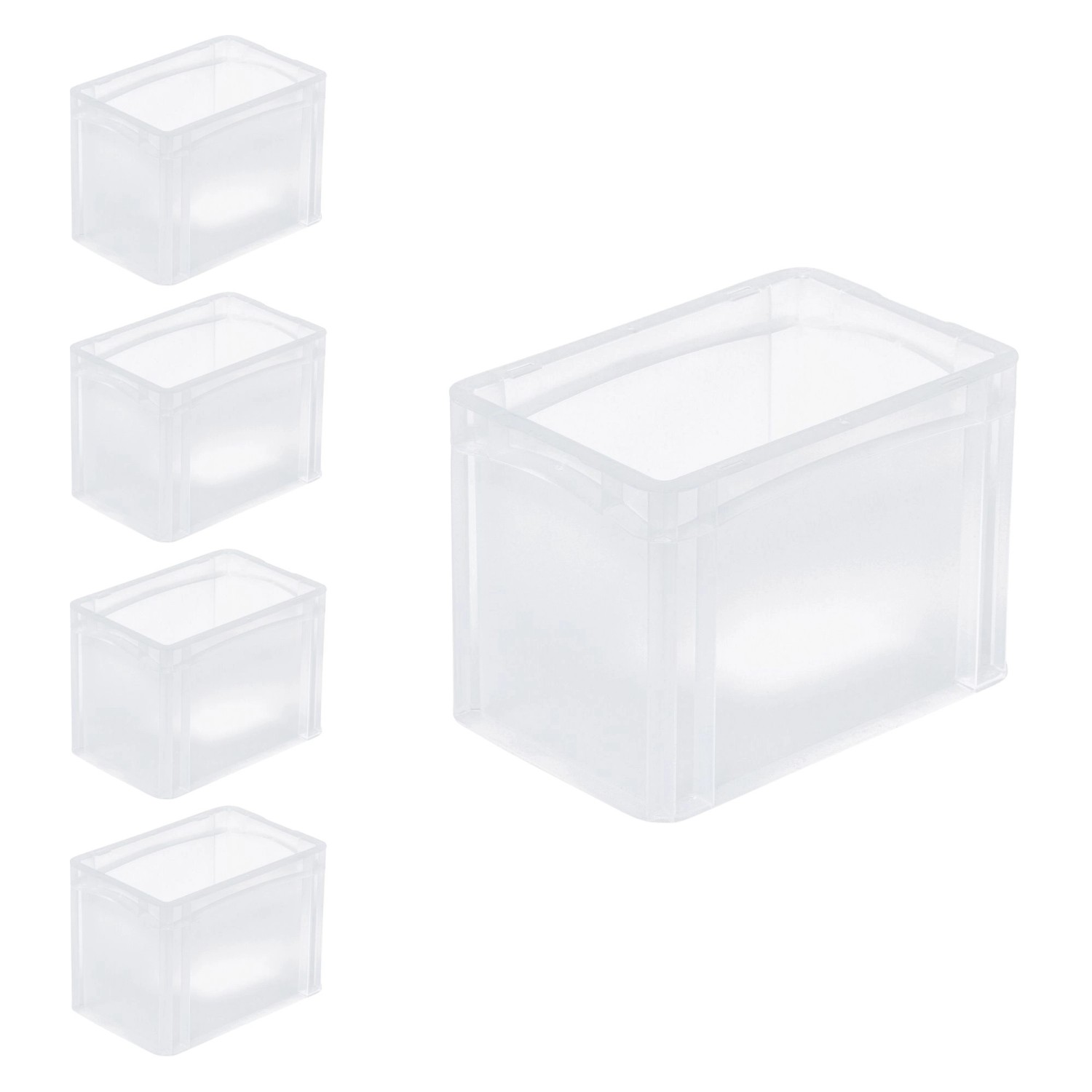 Sparset: 5 transparente Eurobehälter BasicLine, 9,4 Liter, mit geschlossenem Griff. Aufbewahrungsboxen für Lager und Transport.