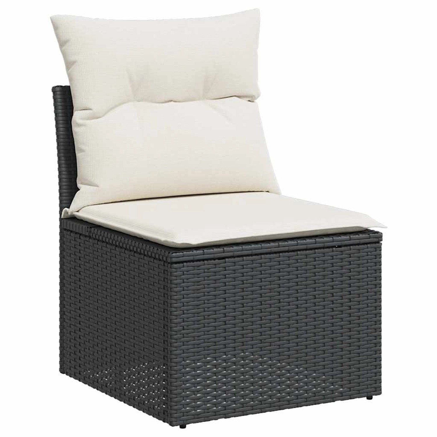Schwarzes Gartensofa aus Rattan mit cremefarbenen Kissen, Teil der 7-tlg. vidaXL Sofagarnitur.