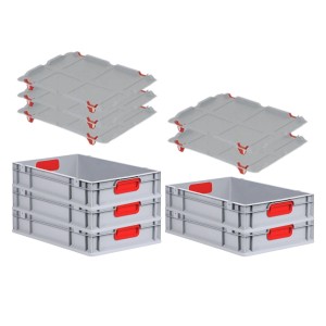 PROREGAL Spar Set: 5 Euroboxen Nextgen Color mit Deckel, 40x60cm, rote Griffe. Aufbewahrungsboxen für Lager.