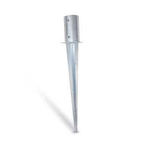 Feuerverzinkte Hollmax Einschlagbodenhülse, 81 mm, für Rundholzpfosten. Robuste und langlebige Pfostenbefestigung.