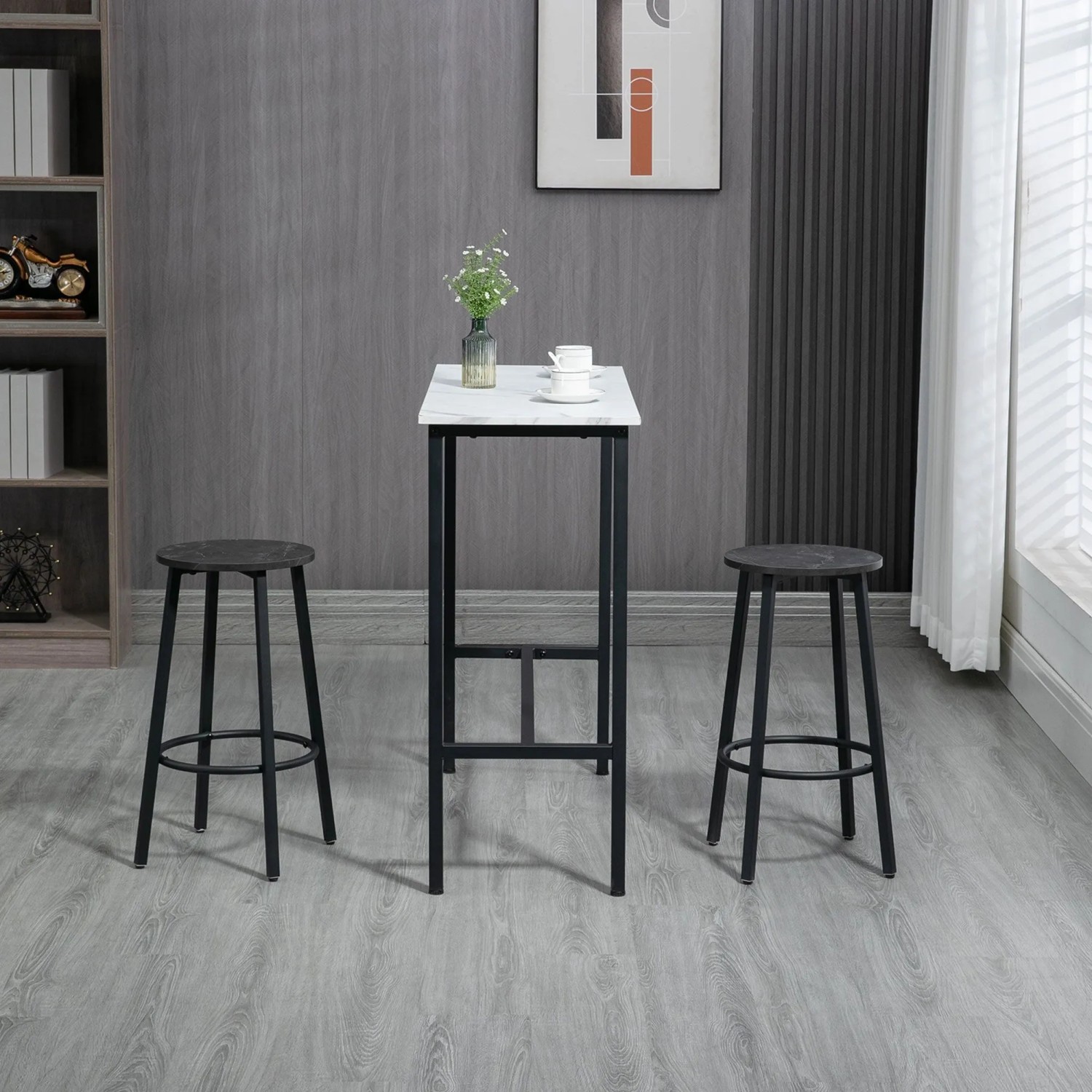 Modernes 3-teiliges Bartisch Set in Weiß-Schwarz mit rechteckigem Tisch und 2 runden Barhockern aus Stahl für 2 Personen.