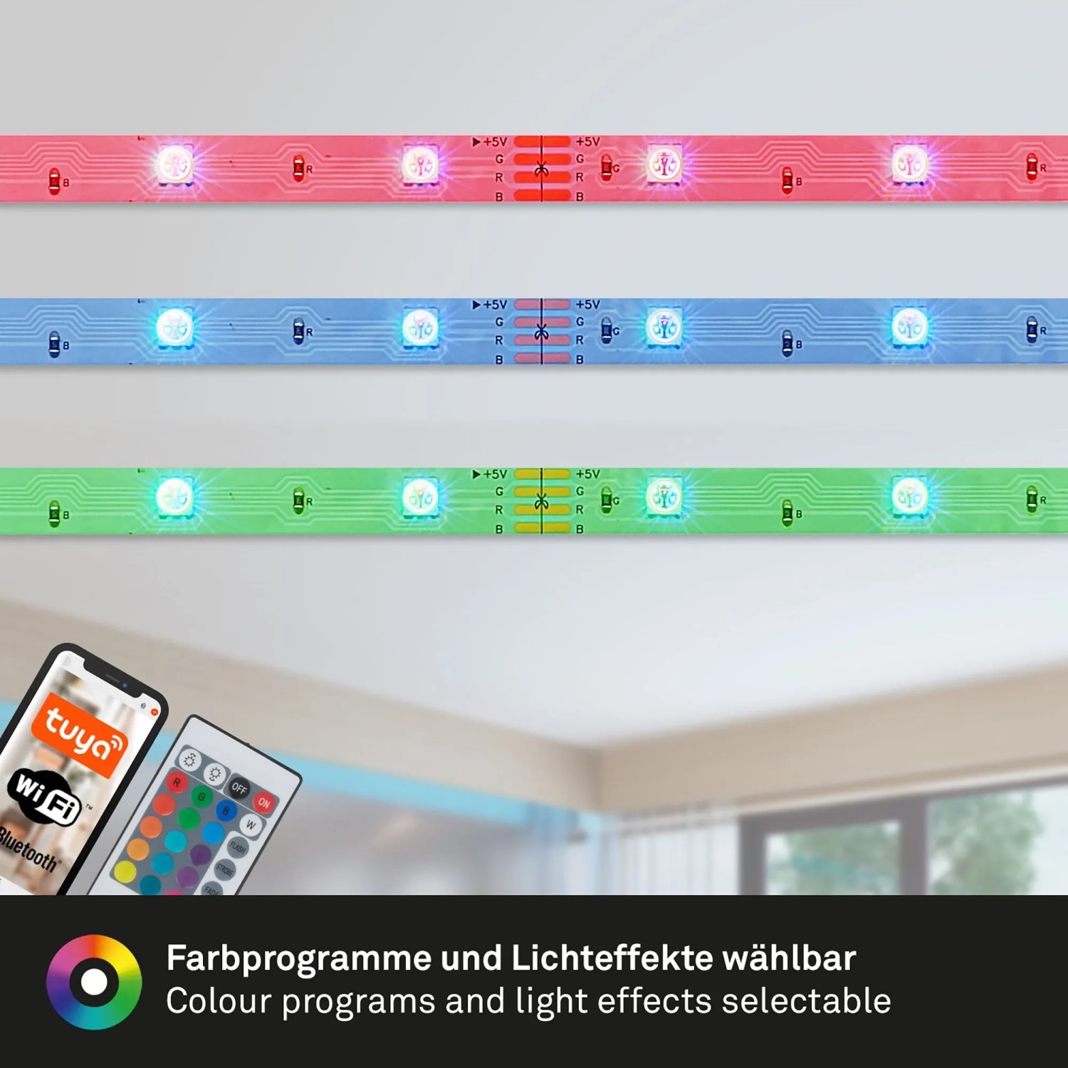 Brilo Wifi-LED-Strip RGB 5m mit Fernbedienung und App-Steuerung, verschiedene Farben leuchtend.