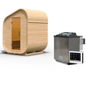 Karibu Fasssauna Asymmetrisch 1 mit Ofen (9 kW Bio Extern) aus naturbelassenem Holz.