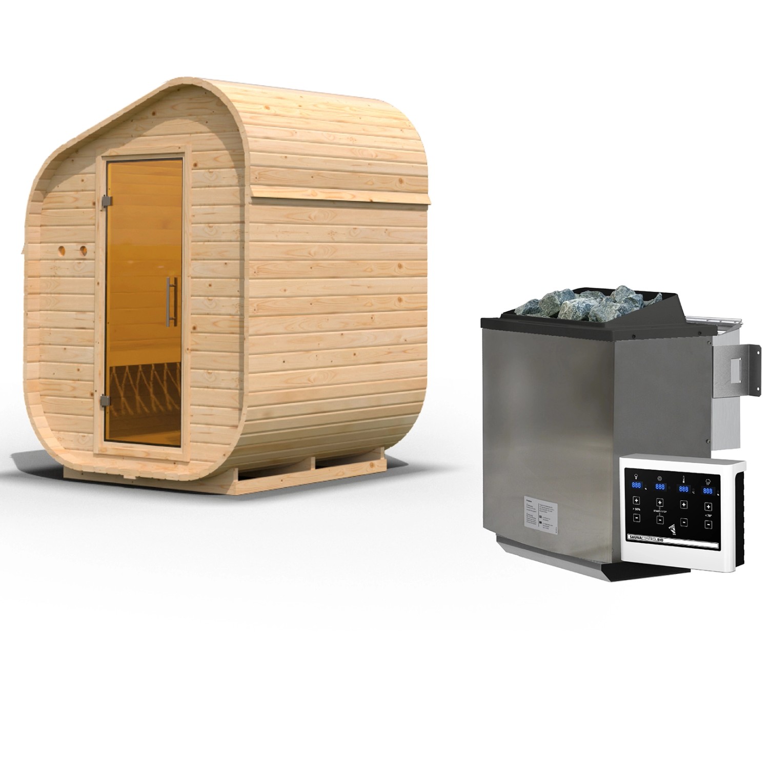Karibu Fasssauna Asymmetrisch 1 Zoll mit Ofen 9 kW Bio Extern Naturbelassen günstig online kaufen
