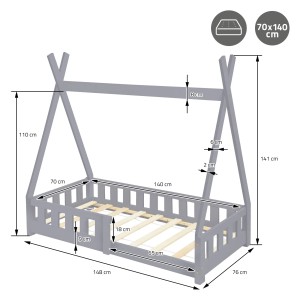 Maße des hellgrauen ML-Design Kinderbetts Tipi (70x140 cm) mit Rausfallschutz und Lattenrost.