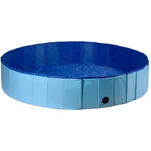 Blauer, runder Dobar Hundepool Gr. L aus Kunststoff für den Garten.