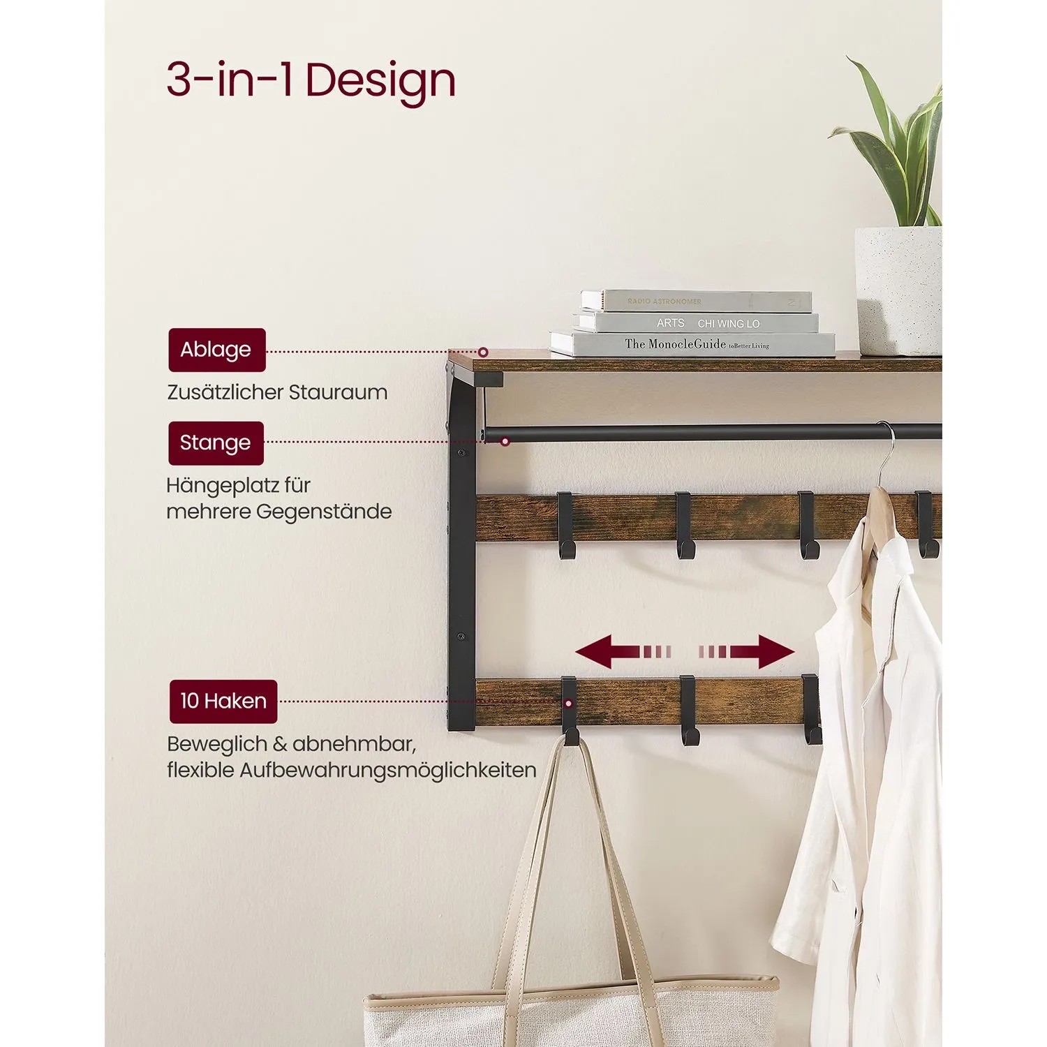 Vasagle Wandgarderobe Braun-Schwarz mit Ablage, Haken und Stange für Jacken und Accessoires.