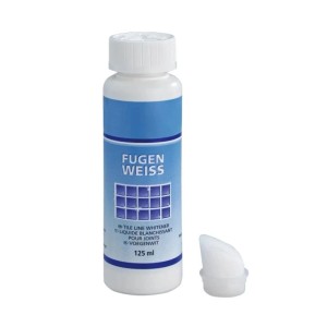Westfalia Fugenweiß 125 ml für Fliesen. Weiße Flasche mit blauem Etikett und abnehmbarem Schwammaufträger zur Fugenreinigung.
