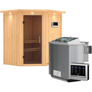 Karibu Sauna Tjorven mit Bio-Ofen, Eckeinstieg, Glastür Graphit und externer Steuerung.
