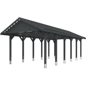 Satteldach-Carport Wallgau in Schiefergrau mit Dachlattung, Holzkonstruktion.