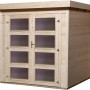 Unbehandeltes Weka Holz-Gartenhaus Pesaro mit Flachdach und Doppeltür mit Glaseinsätzen.