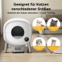 Weiße Fudajo selbstreinigende Katzentoilette, geeignet für Katzen von 1,5-12,5 kg, mit Beispielen für verschiedene Katzengrößen.
