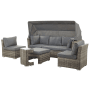 Modulares Lounge Set CORTE aus grau-braunem Polyrattan mit grauen Kissen und Sonnendach.